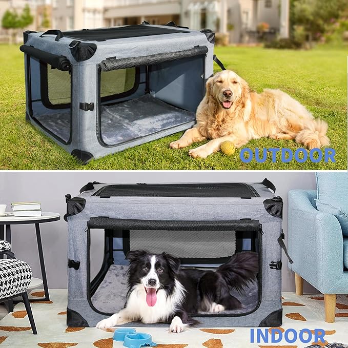 NEZUC Soft Collapsible Dog Crate - 24 Inch Portable Soft Sided Travel Dog Crates for Small Dogs, 4-Door Foldable Dog Carrier, Pet Kennel Indoor & Outdoor (Gray, 24.0" L x 17.0" W x 17.0" H)