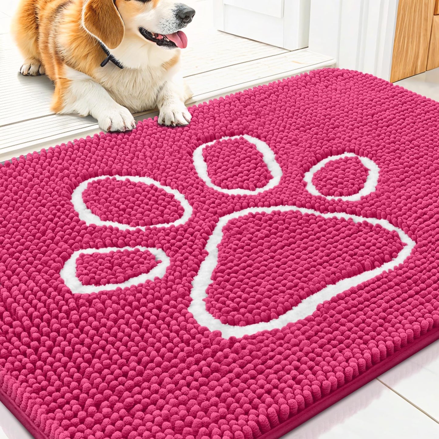 Smiry Dog Door Mat for Muddy Paws, Absorbent Dirt Trapper Non Slip Quick Dry Washable Chenille Mat for Mud Dogs, Entry Rug for Indoor and Outdoor (30x20 Inches, Hot Pink)
