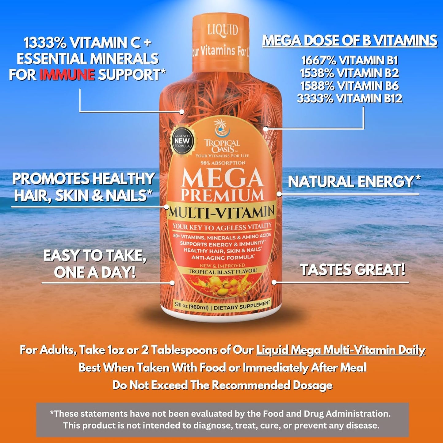 Mega Premium Liquid Multivitamin | Natural Immune Support Vitamin w/ 1333% Vitamin C, 200% D3, Zinc + 20 Vitamins, 70 Minerals, & 21 Amino Acids | Sugar Free | Orange Flavor | 98% Absorption | 32 Serv
