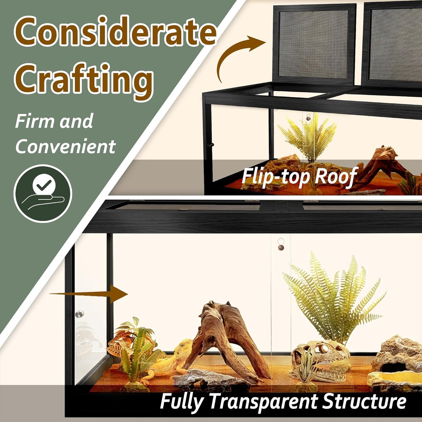 PROLEE Bearded Dragon Tank,Tempered Glass Reptile Tank with Mesh Roof and Front Sliding Door,Anti-Scratch Lizard Tank,Spacious Reptile Enclosure for Snakes,Lguanas (Black, 63Gallons,40"x20"x20")