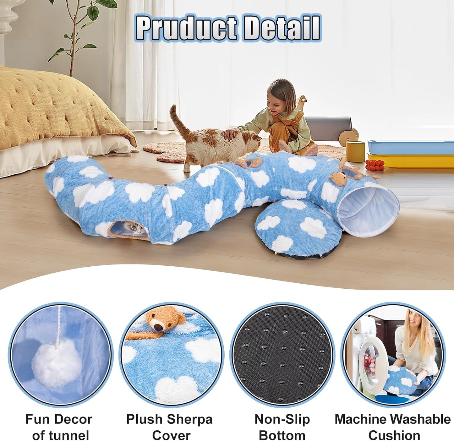 Cat Tunnel Bed, Cat Tunnels for Indoor Cats with Washable Circle Cushion, Multifunctional Peekaboo Cat Cave Donut Tubes Tunnel for Cat Kitty Kitten Puppy Rabbit Ferret (Sky Blue)