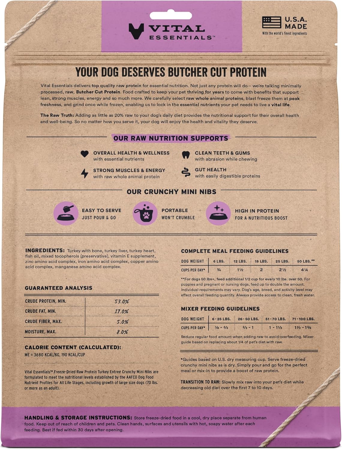 Vital Essentials Freeze-Dried Raw Turkey Meal or Mixer Dog Food Crunchy Mini Nibs, 25 oz