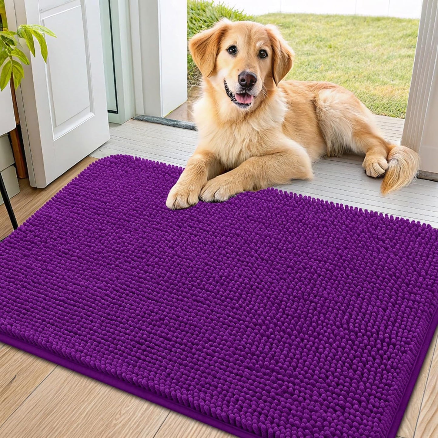 Smiry Dog Door Mat for Muddy Paws 36x24, Absorbs Moisture and Dirt Doormat, Non-Slip Washable Quick Dry Chenille Front Door Mat Indoor Entrance, Entryway Carpet for Inside Floor, Purple