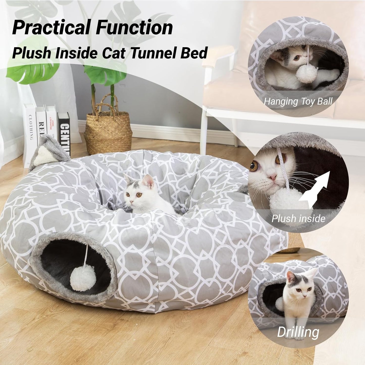 LUCKITTY Geometric Cat Tunnel Bed Oxford Outside with Plush Inside,Cats Toys Collapsible Tunnel Tube with Balls, for Rabbits, Kittens, Ferrets,Puppy 3FT