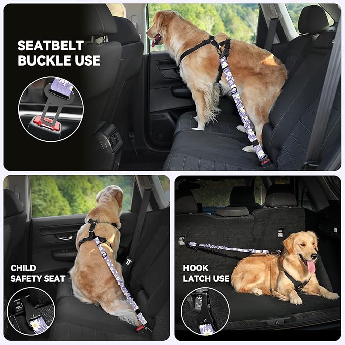 Pawaboo Dog Seatbelt for Car, Dog Seat Belt Bungee, Shockproof Dogs Tether for Car with Buckle & Hook Latch, Adjustable Reflective Dogs Cars Harness Leash with 360° Lockable Buckle, Light Purple