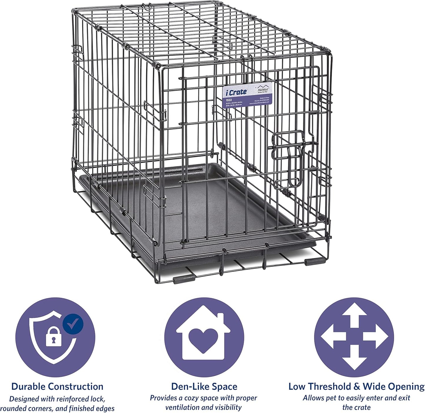 MidWest Homes for Pets 22-Inch iCrate Folding Dog Crate with Divider Panel, Leak-Proof Tray & Secure Latches – Metal Wire Kennel for XS Breeds – Portable, Durable & Easy to Assemble
