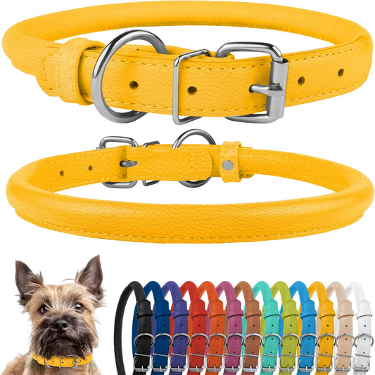 CollarDirect Rolled Leather Dog Collar, Soft Padded Round Puppy Collar, Handmade Genuine Leather Collar Dog Small Large Cat Collars 13 Colors (8-11 Inch, Yellow Textured)