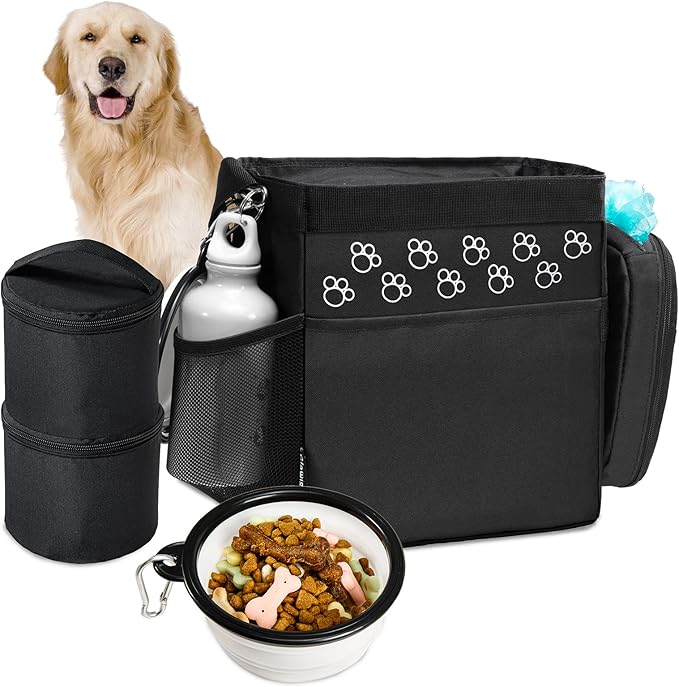 Dog Travel Bag - Airline Approved, 2 Food Containers, 2 Bowls, Treat Pouch & Accessories
