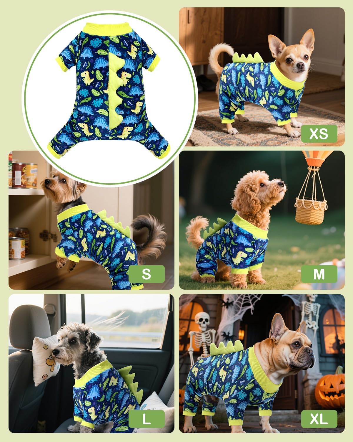 CuteBone Dinosaur Costume Dog Pajamas, Stretchy Spandex Crystal Velvet Sleepwear Coat for Small Dogs, Soft & Warm Pet Outfit Clothes for Cold Weather, Cozy Pullover Design COSP10L