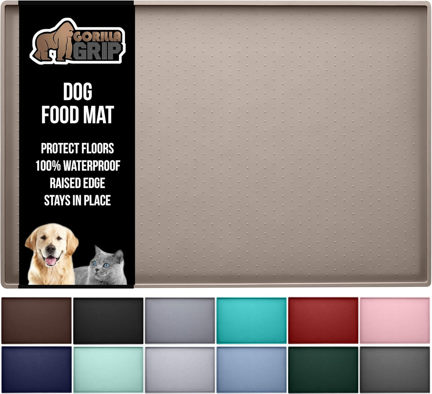 GORILLA GRIP 100% Waterproof Raised Edge BPA Free Silicone Pet Feeding Mat, Dog Cat Food Mats Contain Spills Protects Floors, Placemats for Cats and Dogs Water Bowl, Pets Accessories 23x15 Beige