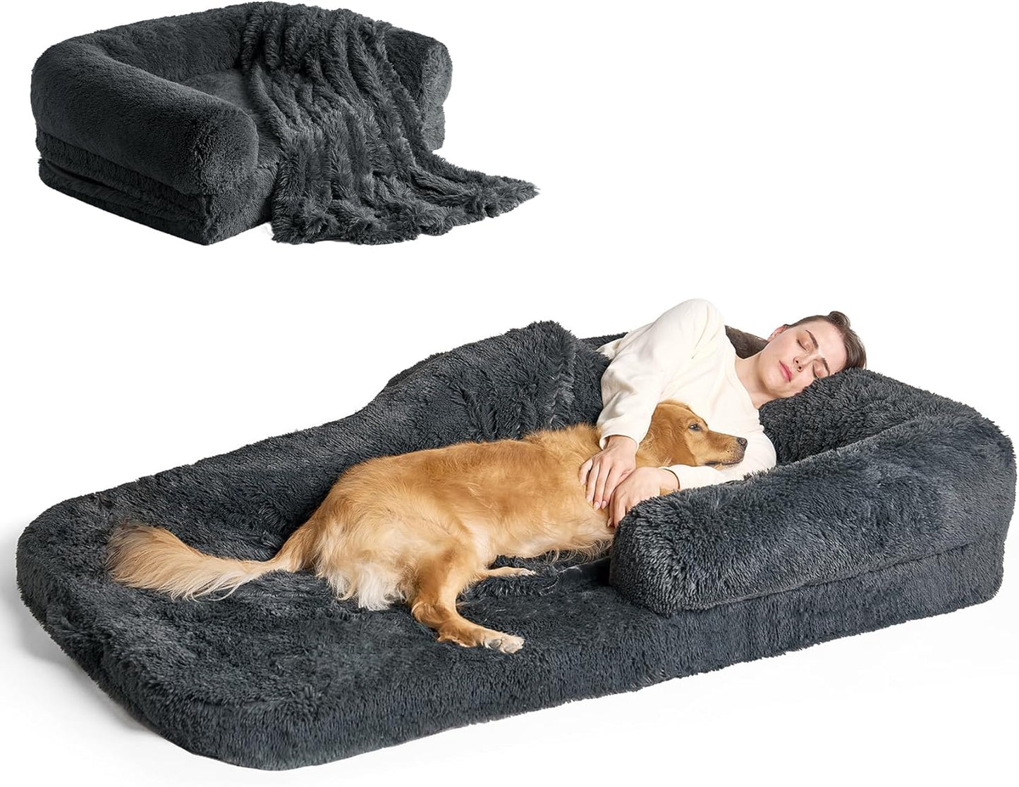 EHEYCIGA Foldable Human Dog Bed, Orthopedic Memory Foam Human Sized Dog Bed, Waterproof Pet Bed for People, Faux Fur Pet Couch for Adult, Dark Grey, 72"x44"x11"