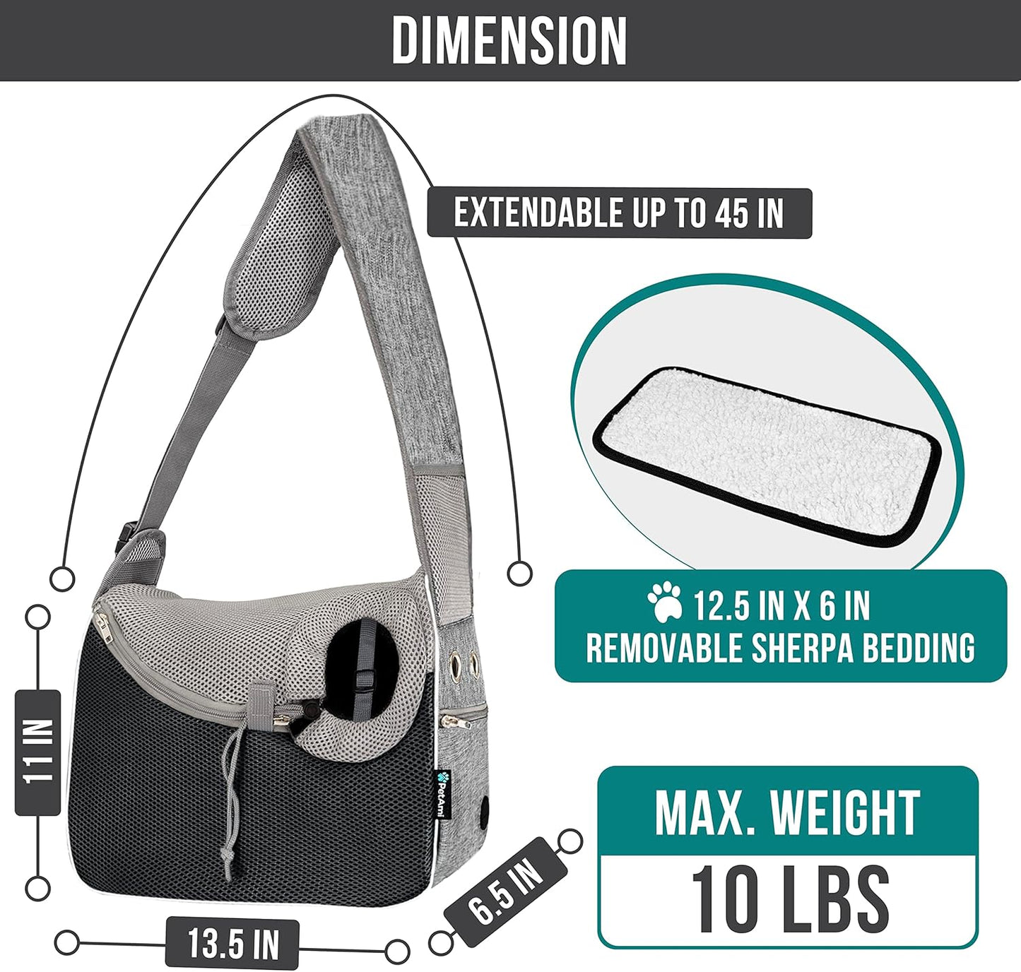 PetAmi Small Dog Sling Carrier, Soft-Sided Crossbody Puppy Carrying Purse Bag, Adjustable Sling Pet Pouch to Wear Medium Dog Cat Travel, Dog Bag for Traveling, Poop Bag Dispenser, Max 10 lbs, Gray