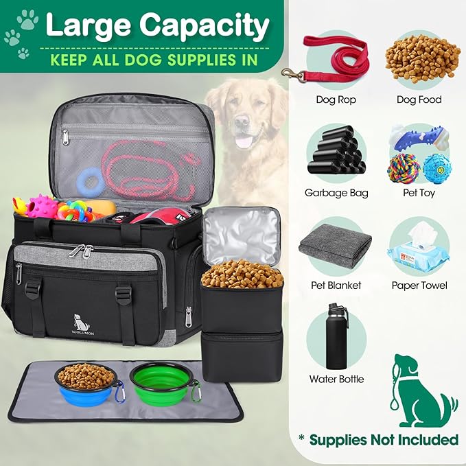 IGOLUMON Dog Travel Bag Large Pet Travel Bags Set for Supplies Weekend Travel Kit Tote Organizer Multi-Pockets Food Travel Bag with 2 Extra Large Food Containers, 2 Dog Bowls, 1 Feeding Mat