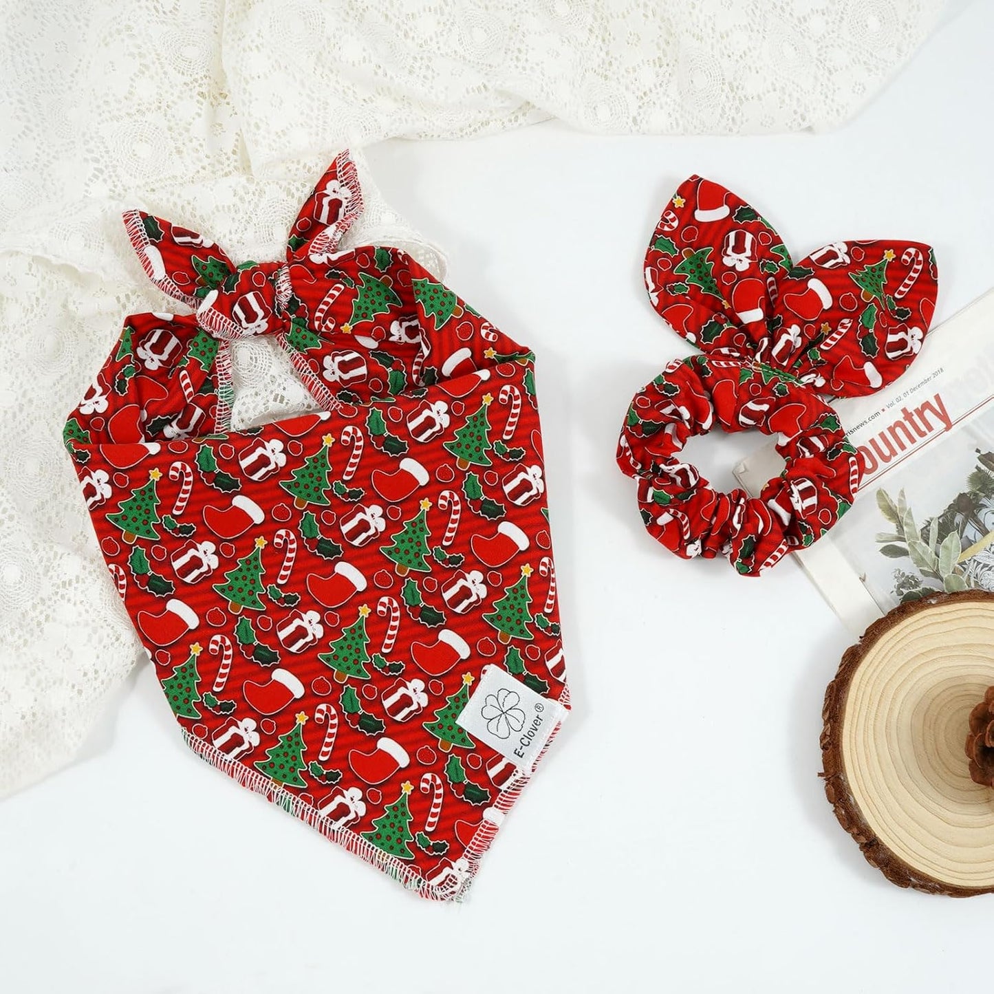 E-Clover Christmas Dog Bandanas & Matching Scrunchie Set Green Red Dog Scarf Bibs Pet Bandana with Bow Tie for Small Dogs Puppy Owner Mom Winter