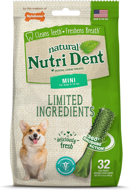 Nylabone Nutri Dent Dog Dental Chews - Natural Dog Teeth Cleaning & Breath Freshener - Dental Treats for Dogs - Fresh Breath Flavor, Mini (32 Count)