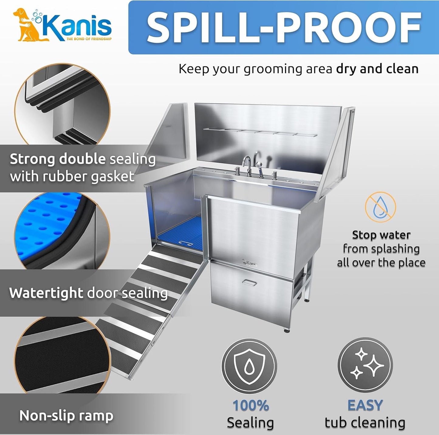KANIS Professional Dog Washing Station - 304 Stainless Steel Pet Wash Sink & Grooming Bath Tub for Home with Ramp, Shower, Floor Grate, Storage Drawer, Faucet, Drain Kit for Large, Medium & Small Pets