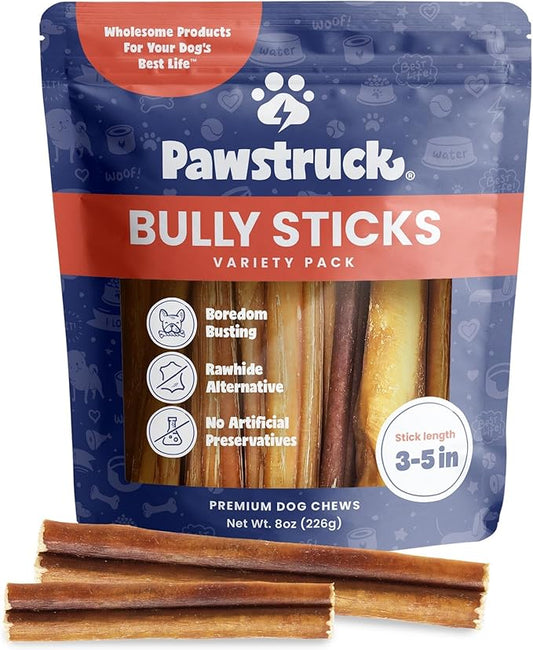 Pawstruck Natural 3–5" Bully Sticks for Small Dogs and Puppies – Single Ingredient, Low-Odor, Rawhide-Free Chew Treat – 100% Real Beef, No Artificial Preservatives – 8 oz Bag – Packaging May Vary