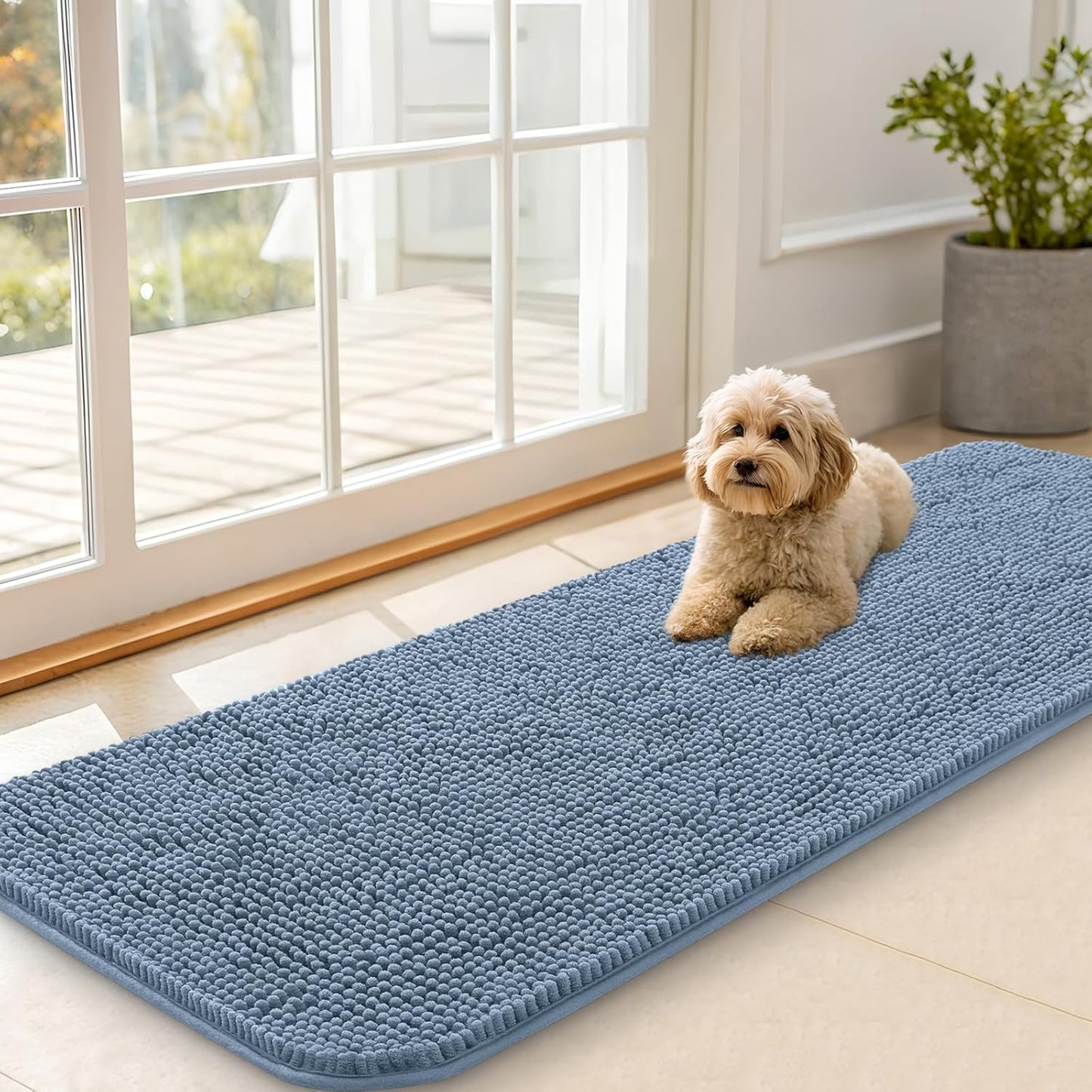 OLANLY Dog Door Mat for Muddy Paws 59x20, Absorbs Moisture and Dirt, Absorbent Non-Slip Washable Doormat, Quick Dry Chenille Mud Mat for Dogs, Entry Indoor Entryway Carpet for Inside Floor, Airy Blue