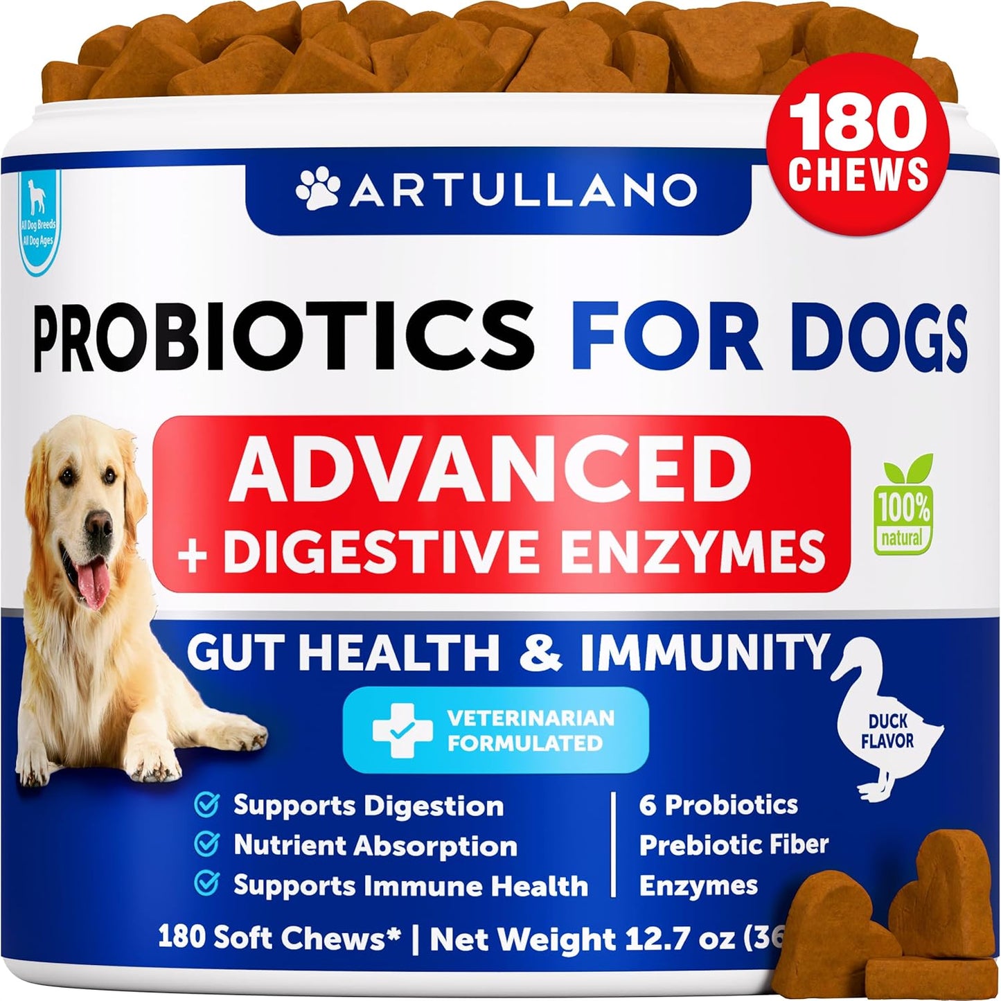 Probiotics for Dogs - Support Gut Health, Itchy Skin, Allergies, Immunity, Yeast Balance - Dog Probiotics and Digestive Enzymes with Prebiotics - Reduce Diarrhea, Gas - 180 Probiotic Chews for Dogs