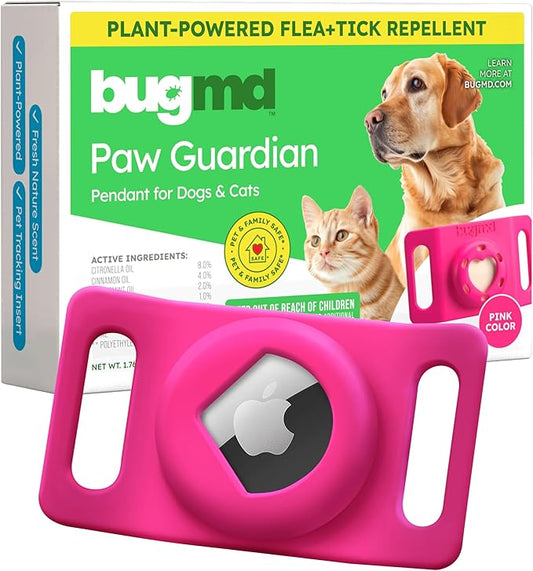 BugMD Paw Guardian Flea and Tick Prevention Pendant for Dogs & Cats with AirTag Holder | Plant-Powered Flea & Tick Control for Dog Collars & Cat Harnesses | Cat and Dog Tag with Air Tag Holder - Pink