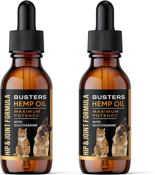 Busters Hip and Joint Hemp Oil for Dogs Formula with Glucosamine, 2Pack 2Month Supply, Soothing Relief for Cats, and Pets, Advanced Mobility Support
