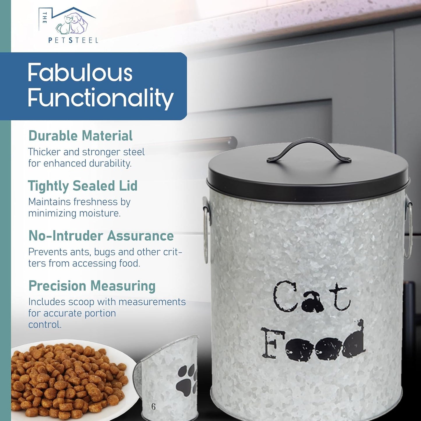 Medium 30lb Cat & Small 20lb Dog Pet Food Storage Canister with Scoop – Durable & Airtight for Freshnesss, Minimalist Design & Recyclable, Medium Metal Container(Combo - Small Dog Bin & Med Cat Bin)