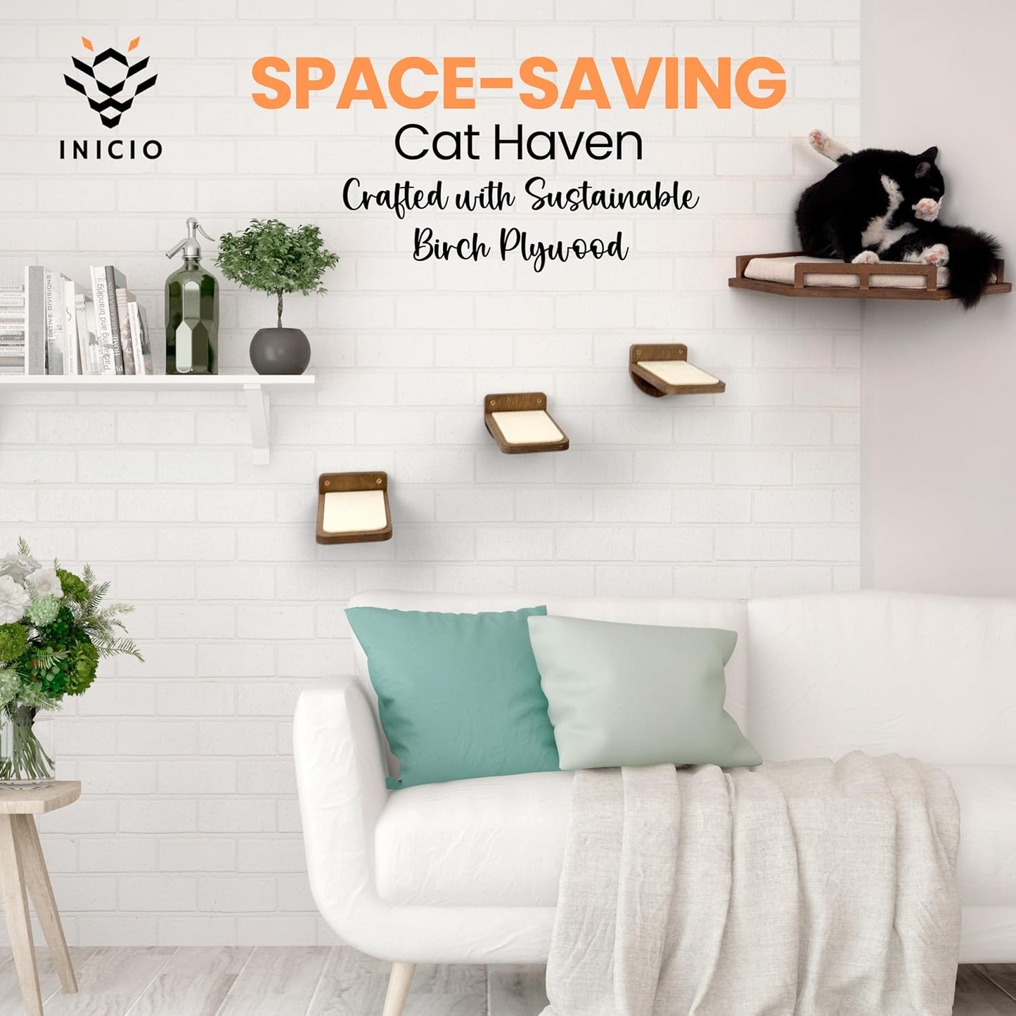 INICIO Cat Wall Shelves - Modern and Durable 3 Step Cat Furniture for Wall - Stylish Birch Floating Shelf for Cats up to 15lbs - Wooden Corner Shelves with Cushioned Perch - Brown