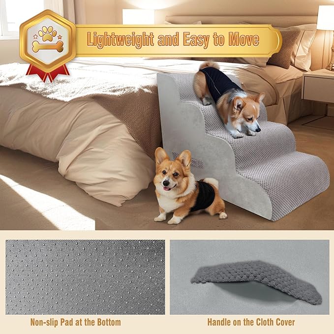 PAWSCART Dog Stairs for Small Dogs and Cats, 4-Step Dog Steps for Bed, 19.6" H Pet Stairs for High Bed, Pet Ramp for Couch, Sofa, Non-Slip Surface Removable Washable Cover, LightGrey