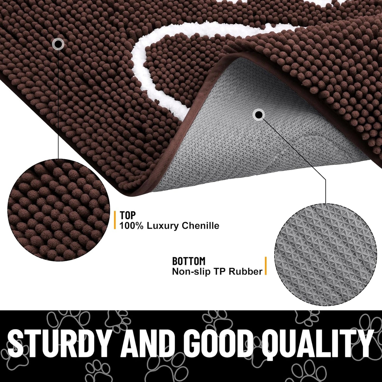 Smiry Dog Door Mat for Muddy Paws, Absorbent Dirt Trapper Non Slip Quick Dry Washable Chenille Mat for Mud Dogs, Entry Rug for Indoor and Outdoor (40x32 Inches, Brown and White)