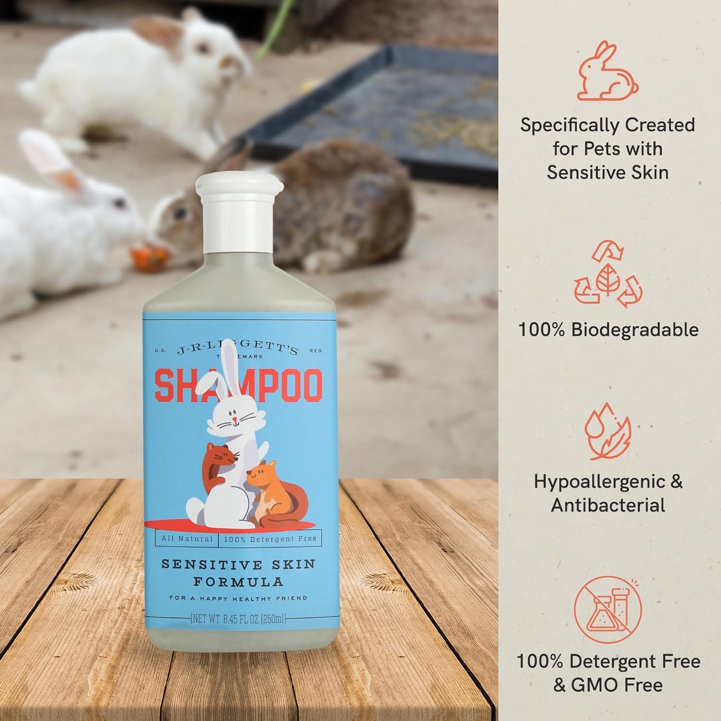 JR Liggett’s Natural Liquid Small Animal Shampoo for Sensitive Skin - 100% Detergent Free, Non-GMO & Biodegradable - Tear-Free, Hypoallergenic Formula Soothes Dry Itchy Skin - 8.45 fl oz