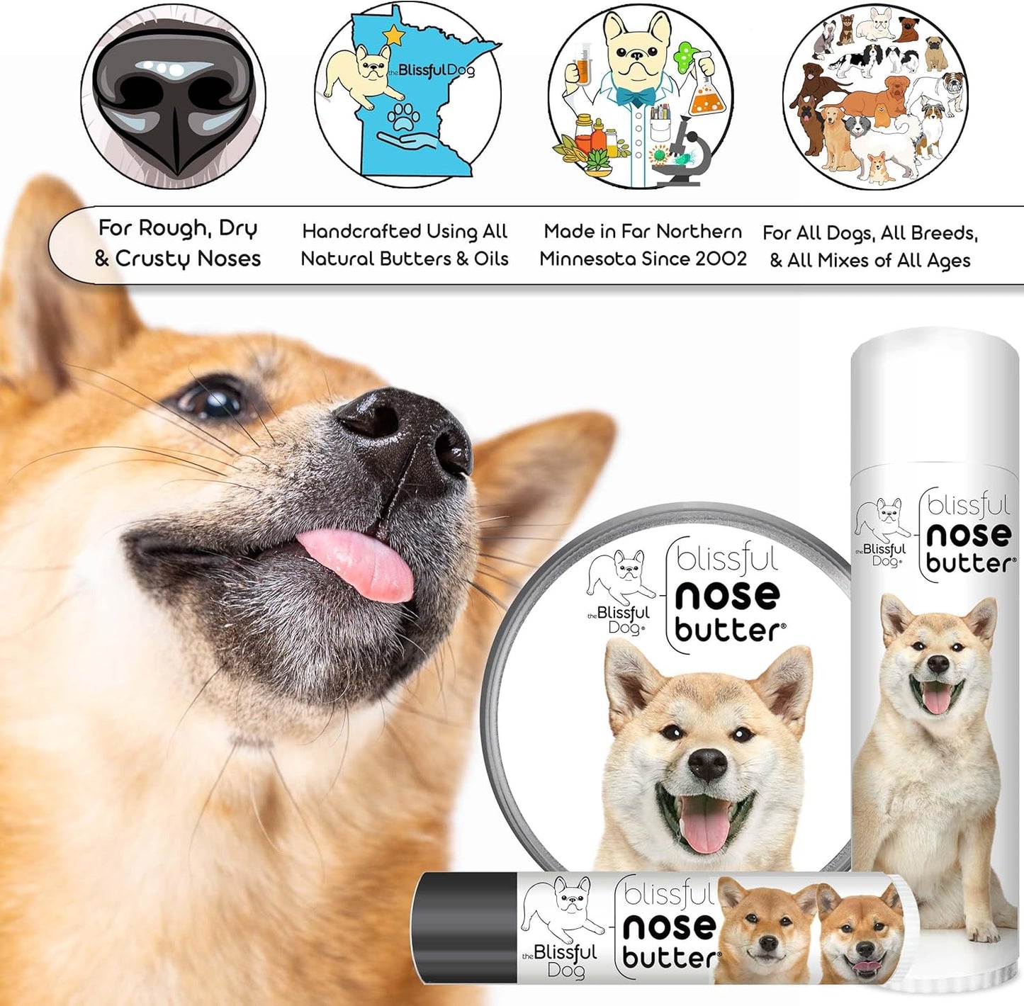 The Blissful Dog Shiba Inu Nose Butter for Dry, Cracked Skin, Lick-Safe Dog Nose Balm with Moisturizing Shea Butter, Almond, Olive, and Essential Oils, Pet Supplies, Uncented, 0.50 oz.