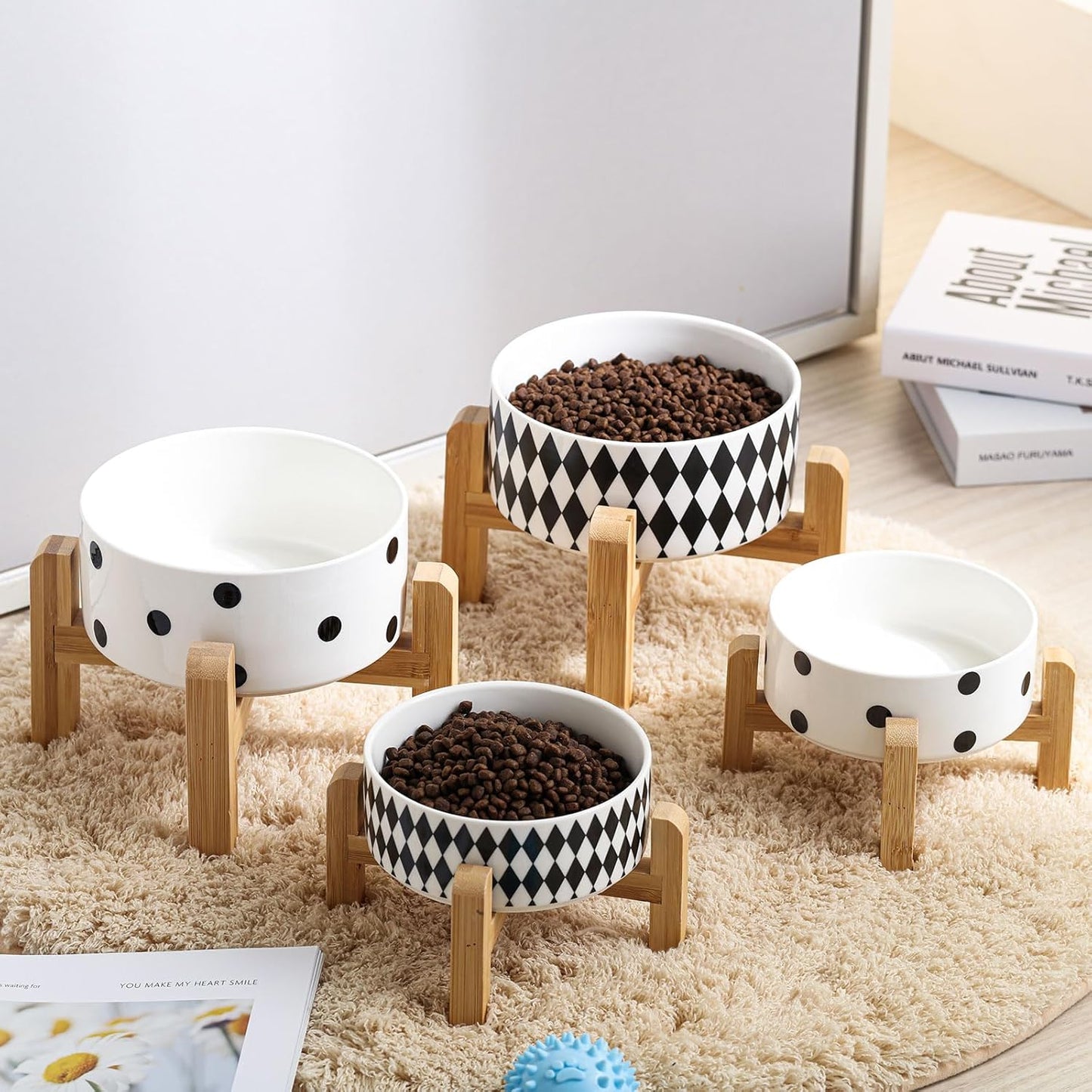 Petygooing 28 OZ Elevated/Raised Ceramic Dog Bowl for Small Medium Breeds, Dog Food Water Dish with Stand,Pet Bowl with Anti Slip Rubber for Cats Small and Medium Dogs (3.6 Cups) Black Dot