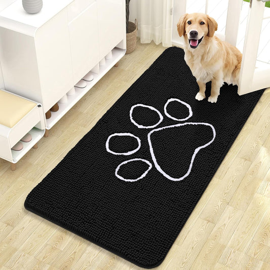OLANLY Door Mat for Muddy Dog Paws 47x24, Ultra Absorbent Chenille Mud Doormat with Paw Print Design, Non-Slip Washable Doormat for Indoor Entryway, Quick-Dry Pet Bed Mats for Dirty Dogs, Black