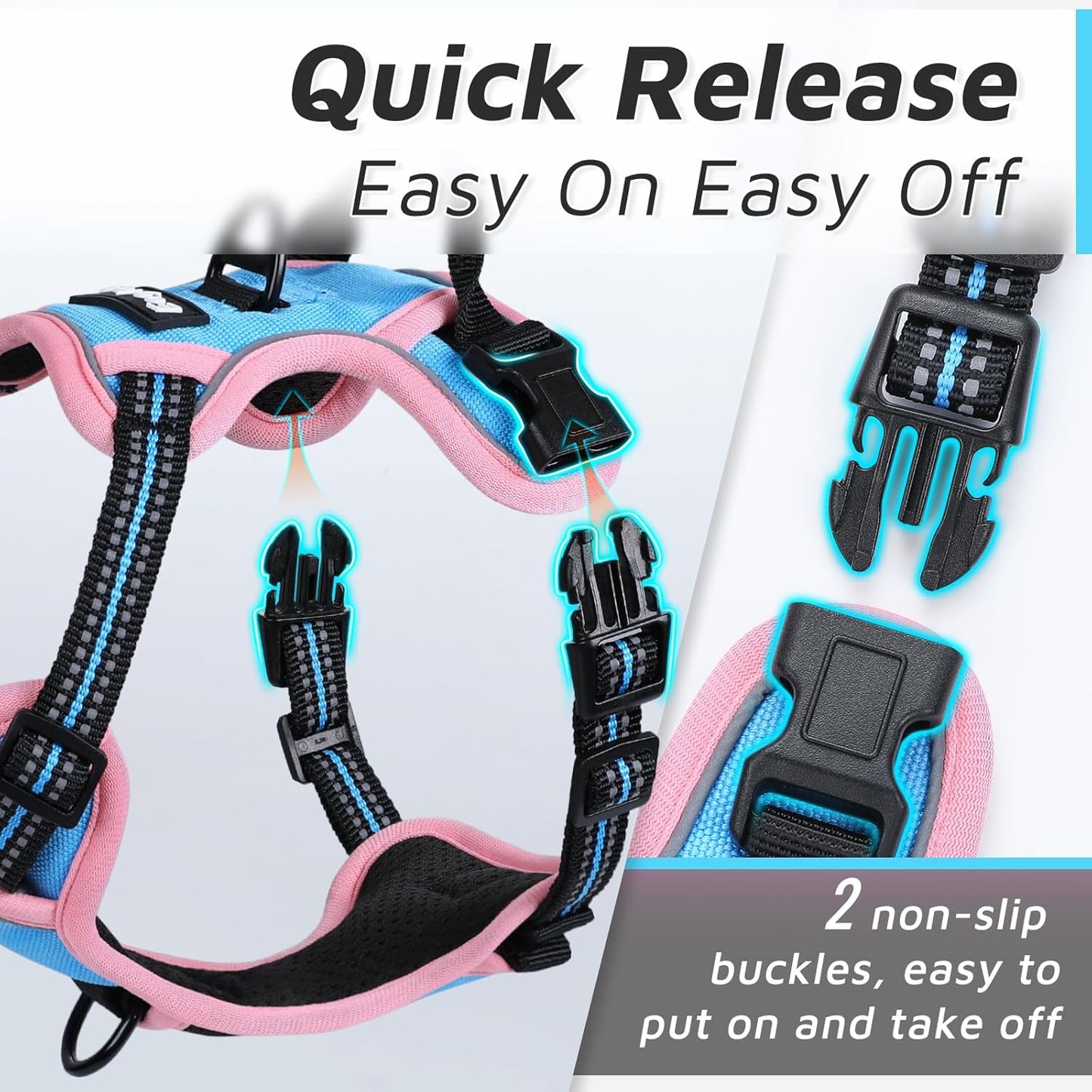 Eagloo Dog Harness for Large Dogs, No Pull Service Vest with Reflective Strips and Control Handle, Adjustable and Comfortable for Walking, No Choke Pet Harness with 2 Metal Rings, Pink & Blue, XL