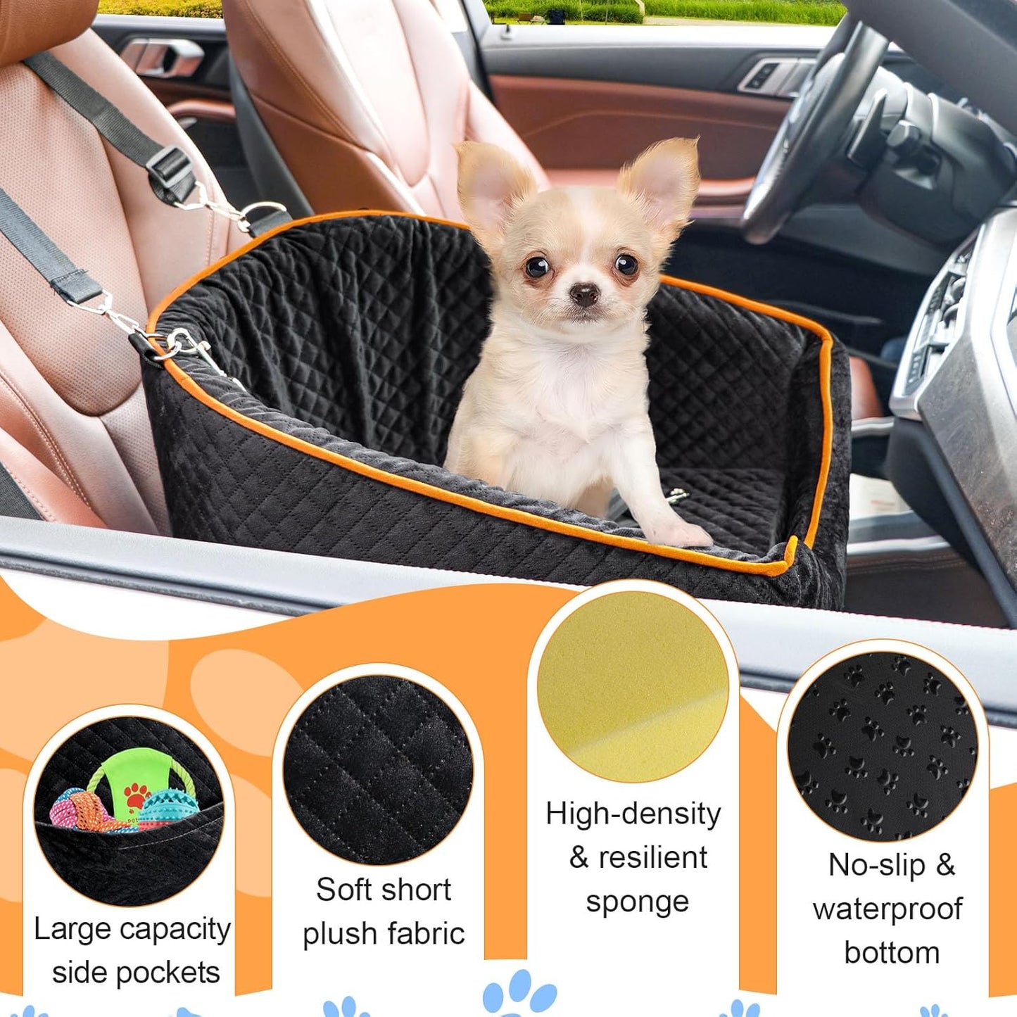 Dog Car Seat for Small Dogs, Memory Foam Booster Dog Seat for Dogs up to 35 lbs, Elevated Pet Car Seat with Washable Removable Cover, Storage Pockets (Black)