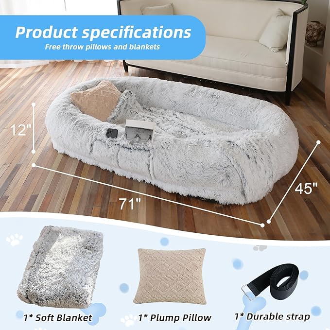 Human Dog Bed - 71"x45"x12" Fits You & Pets, Washable Faux Fur, Orthopedic, Plump Pillow, Blanket, Strap - Grey