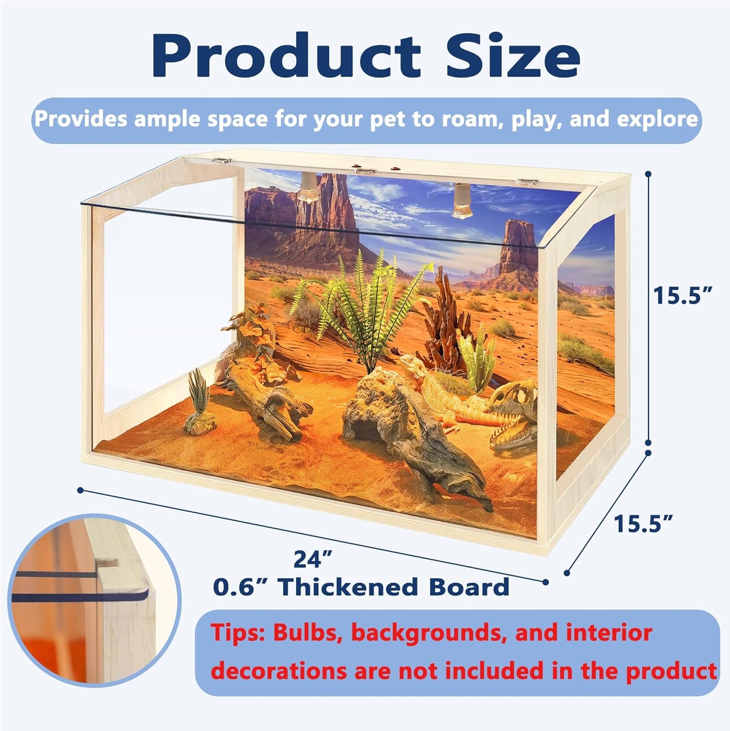 Prolee Bearded Dragon Tank, Reptile Enclosure, Snake Tank, Reptile Terrarium, Built-in Light Fixtures with Switch, (23 Gallon, 24" Long, Clear Acrylic Roof)