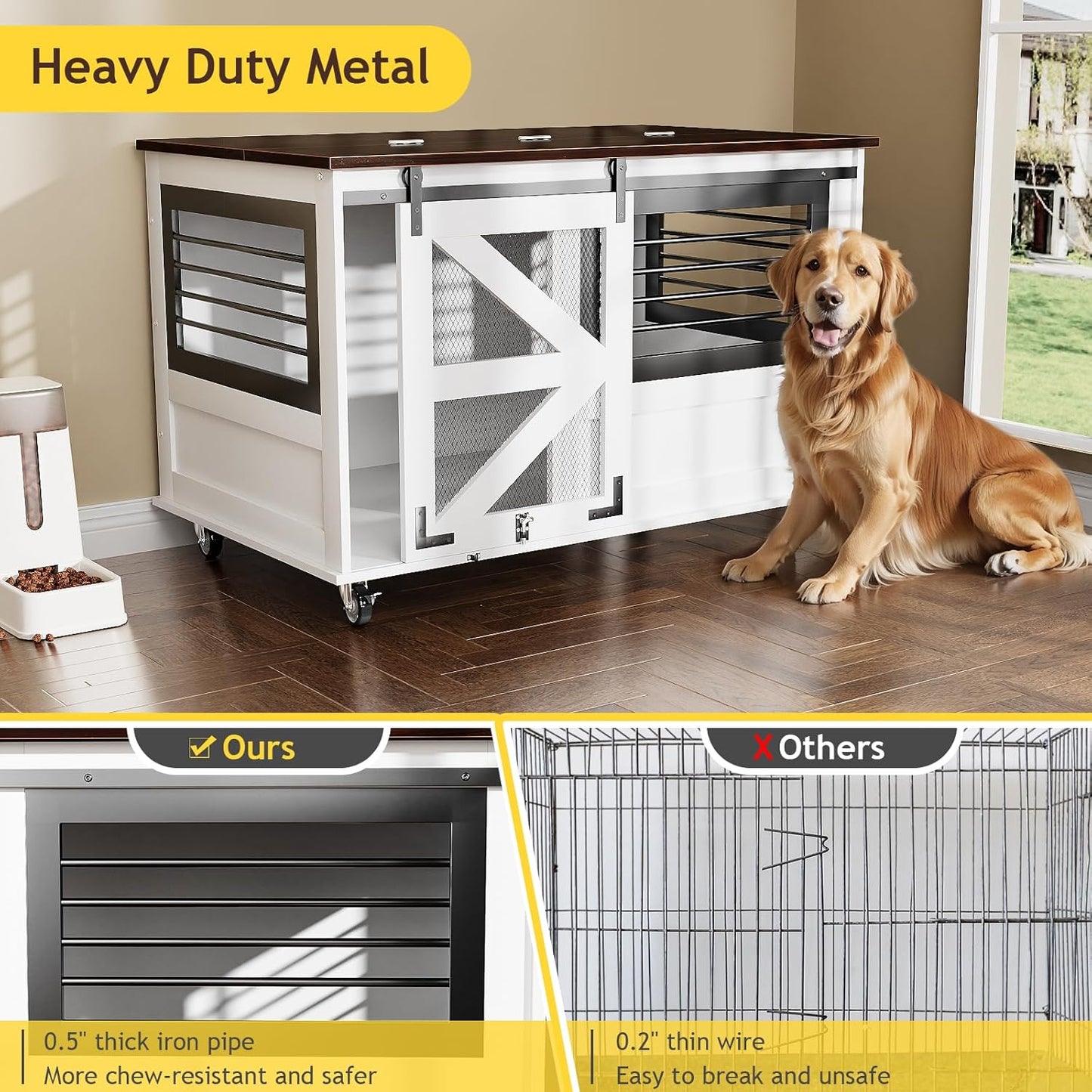 47 inch XL Dog Crate Furniture with Top-Access Teasing/Feeding Doors, Farmhouse Wooden Decorative Dog Crates with Wheels, Chew-Resistant Dog Crates End Table for Medium&Large Dogs, White