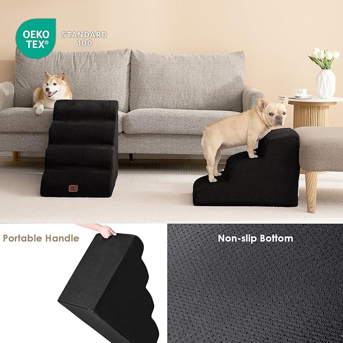 EHEYCIGA Curved Dog Stairs Ramp for Small Dogs 15.7" H, 3-Step Dog Steps for Couch Sofa and Chair, Pet Stairs for Cats, Non-Slip Balanced Pet Steps Indoor, Black