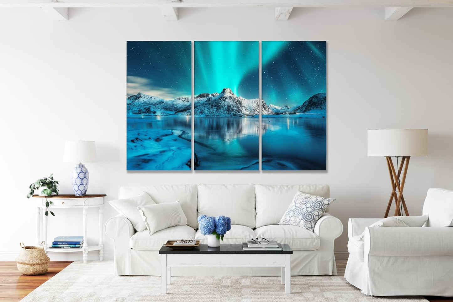 Nature Wall Art Prints - Ocean Forest Mountain Lake Canvas Landscapes - Small to Extra Large Living Room Bedroom Kitchen Bathroom Décor (Northern Lights Over Lake, 55L" x 83W"- 3 Panels)