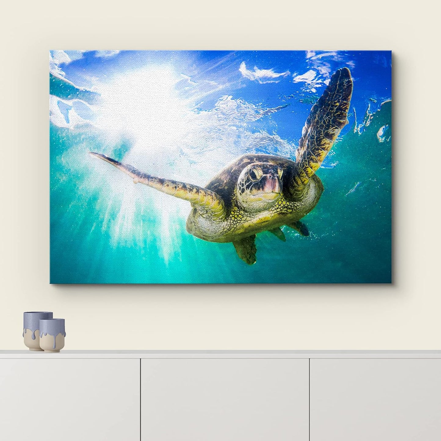 wall26 Canvas Print Wall Art Sunlight Tropical Ocean Underwater Turtle Nature Animals Photography Realism Rustic Scenic Landscape Wilderness Earth Colorful for Living Room, Bedroom, Office - 32"x48"