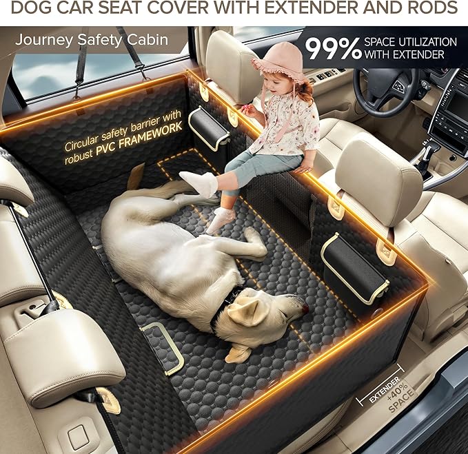 Back Seat Extender for Dogs, PVC Rods Support and Hard Bottom Car Seat Cover for Dogs, Heavy Duty Dog Car Seat Cover for Back Seat, Dog Hammock for Car, Waterproof Pet Bed For Car, SUV, Truck
