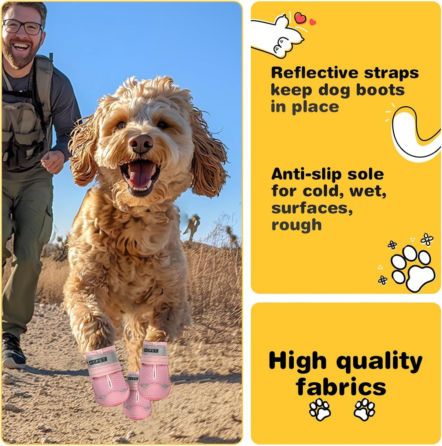 Hcpet Dog Shoes for Large Dogs, Breathable Dog Booties for Small Medium Dogs, Anti-Slip Dog Boots & Paw Protectors for Hot Pavement Winter Snow Hiking with Reflective Straps Pink Size 2