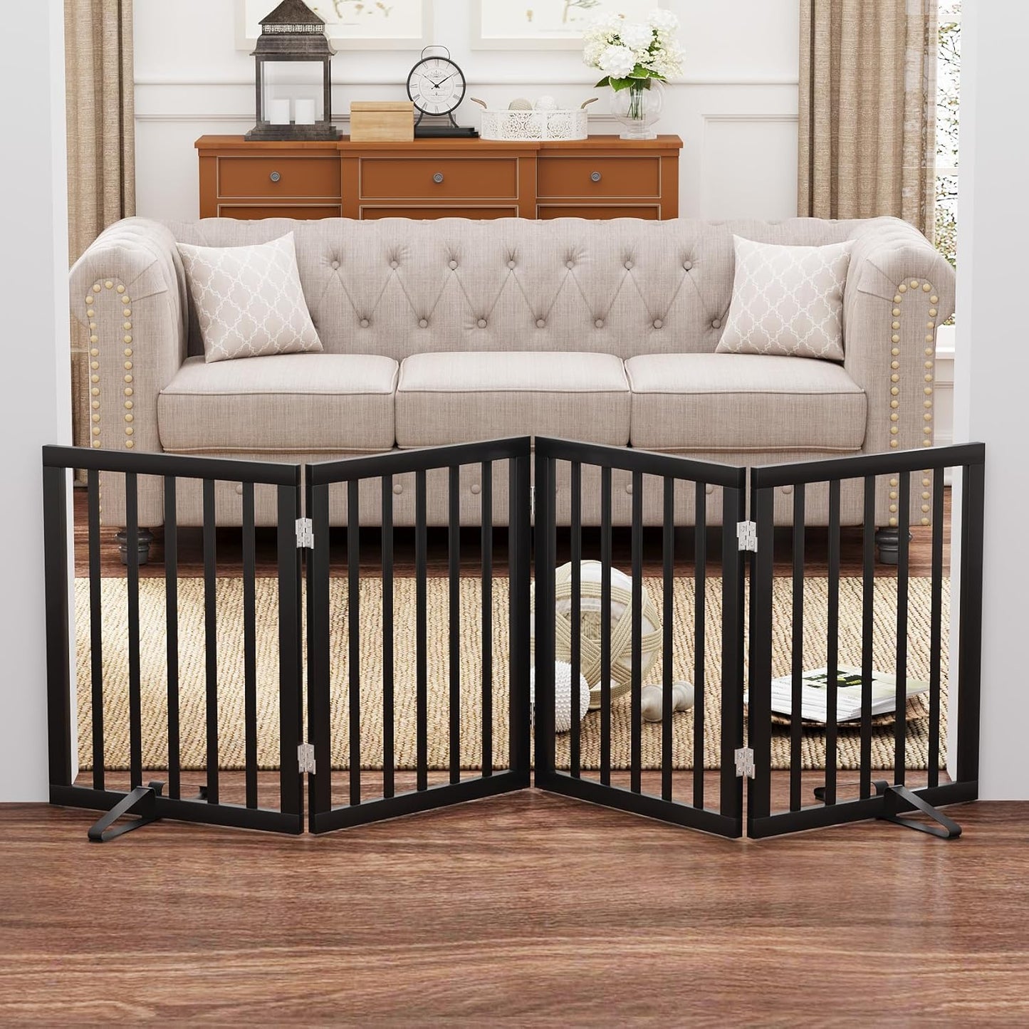 Black 37-74" Dog Gate Foldable Dog Gates for Doorways Stairs House Freestanding Pet Gate Puppy Barries 24 inches Tall