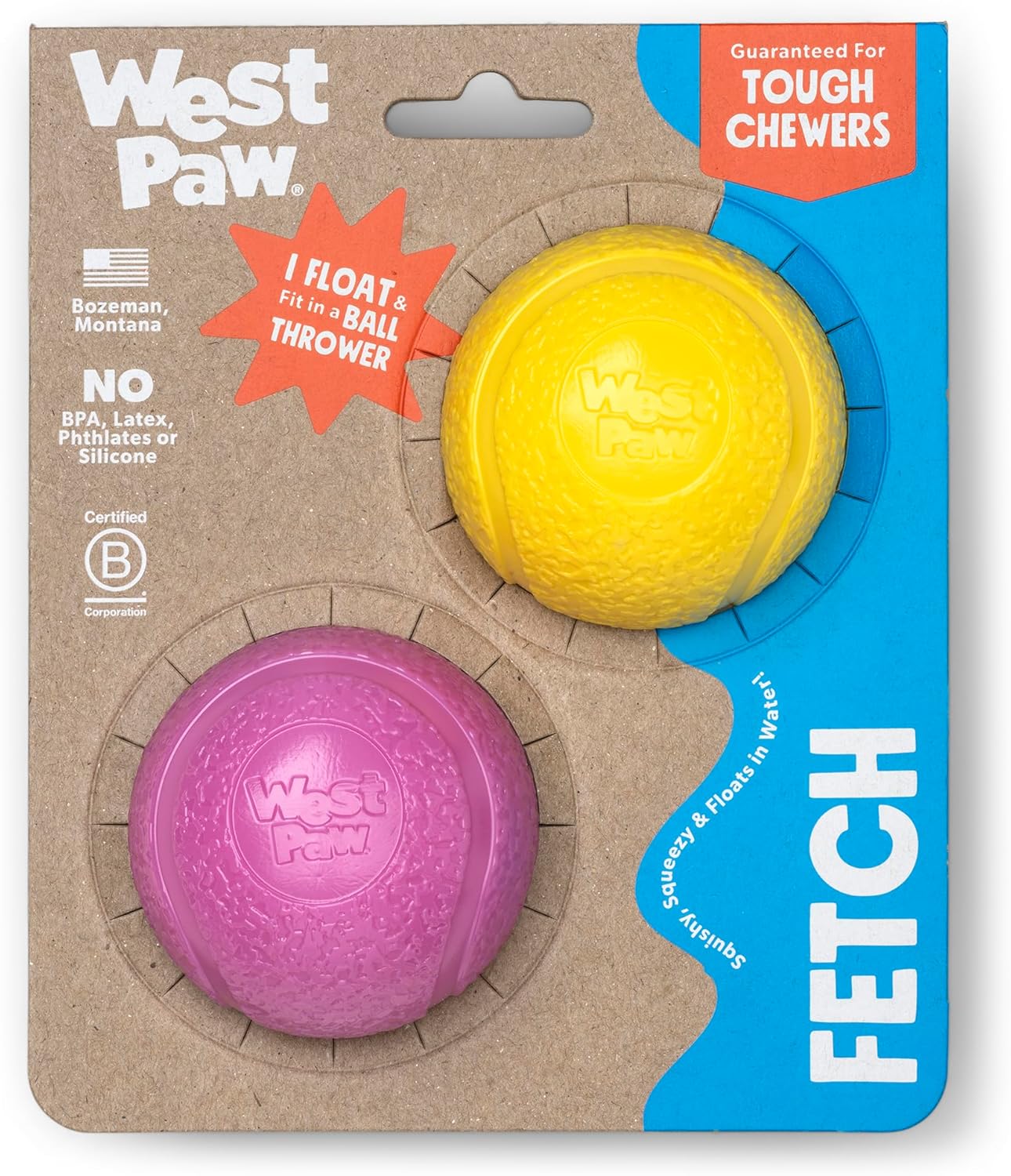 WEST PAW Boundr Ball Dog Fetch Toy – Bouncing Toys for Dogs, Fetch, Catch, Chewing, Play – Floatable, Recyclable Balls – Small Dandelion Yellow/Hot Pink 2-Pack
