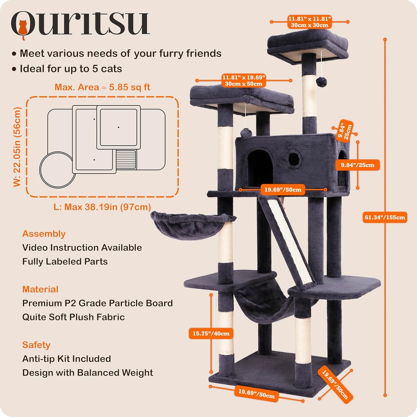 Ouritsu Cat Tree, 61 inch Tall Cat Tower for Large Cat Indoor, Enlarged Condo, 2 Padded Perches with 1 Widened, Large Hammock, Scratching Post and ramp, Fluffy Basket, Dark Gray, LF002DG