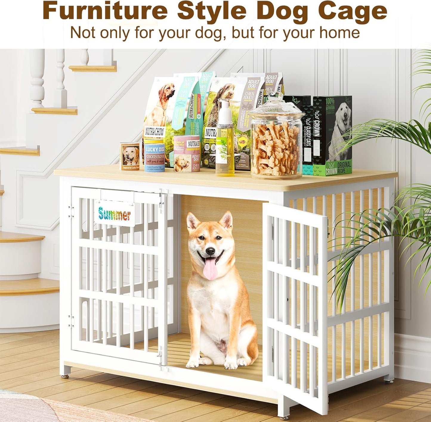 EasyCom Heavy Duty Dog Kennel Indoor with Name Tag, 41" Dog Crate Furniture for Medium Dogs, Double-Doors Sturdy Metal Dog Cage for Anxiety Dog, Decorate House as TV Stand, End Table, Bedside Table