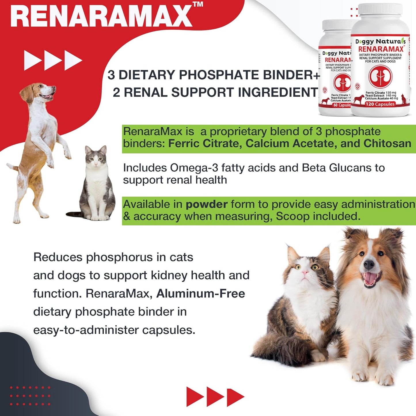 RENARAMAX Dietary Phosphate Binder and Renal Support Supplement for Cats and Dogs Count (Made in U.S.A) (60 Caps)