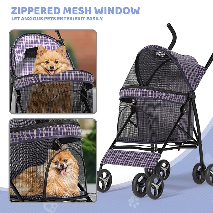 Magshion Compact Pet Stroller for Small-Medium Dogs/Cats up to 22lbs, 4-Wheel Lightweight Umbrella Shaped Portable Puppy Travel Jogger with Breathable Mesh & Rear Storage, Plaid