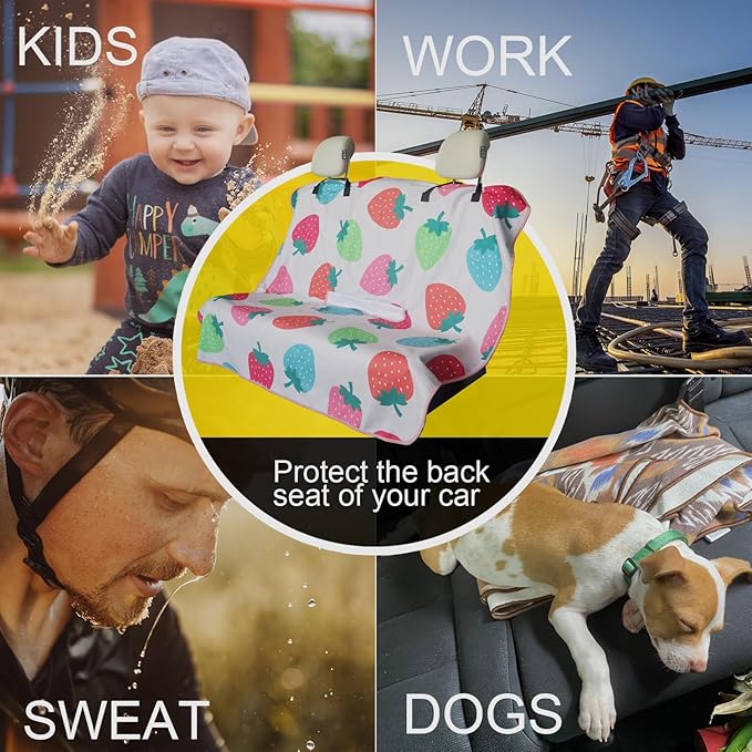 Back Seat Cover for Car Trucks Van SUV,Waterproof Rear Bench Towel Seat Covers for Dogs and Kids,Automotive Backseat Protector (Strawberry)